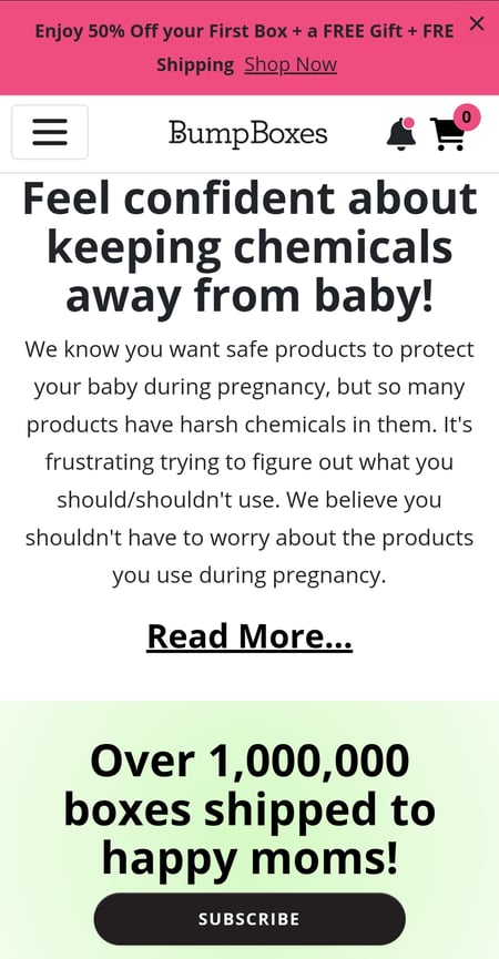 Screenshot of Bump Boxes’ mobile website with a mention that one million moms have received their product