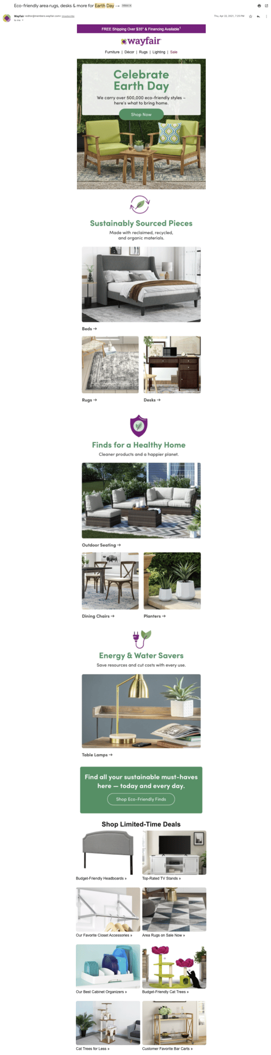 Wayfair Earth Day email example